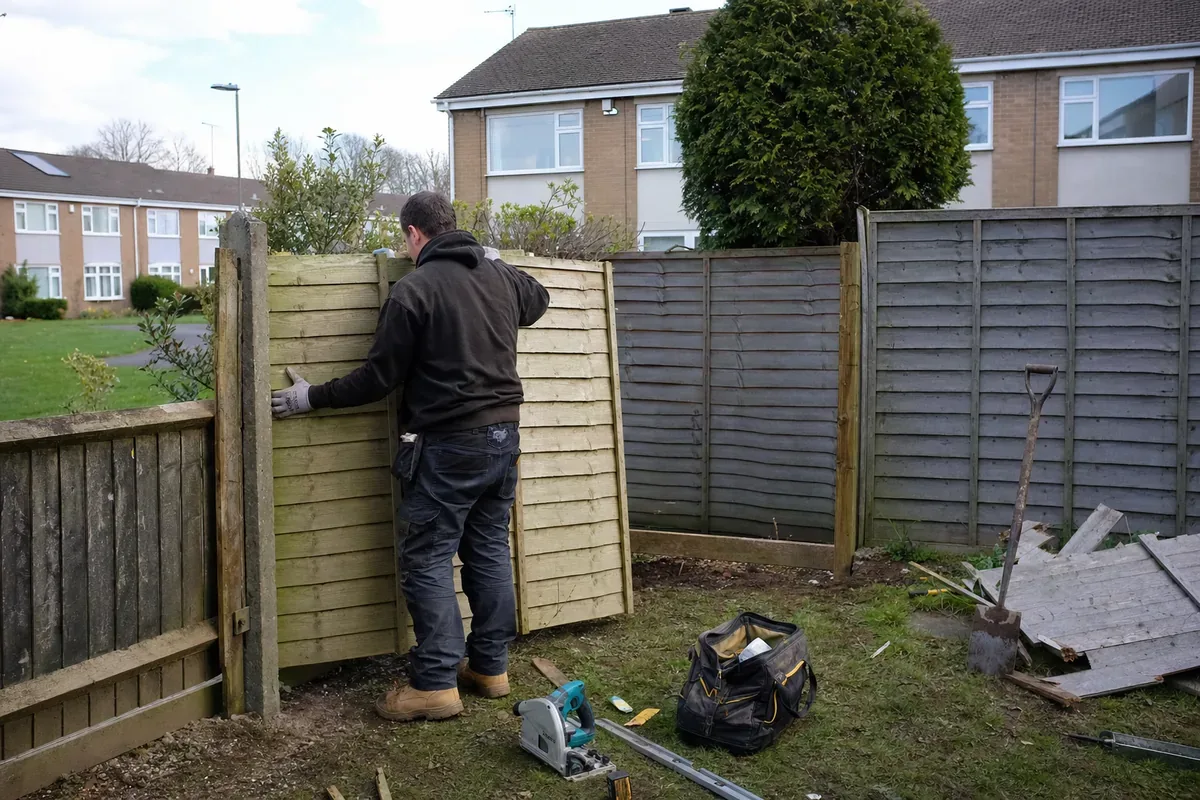 Damaged garden fence being repaired in Telford